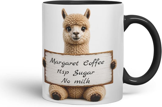 Vixar Personalised Alpaca Mug with Name or Custom Message – Cute Animal Coloured Ceramic Mug Cup Gift, 11oz (Black)