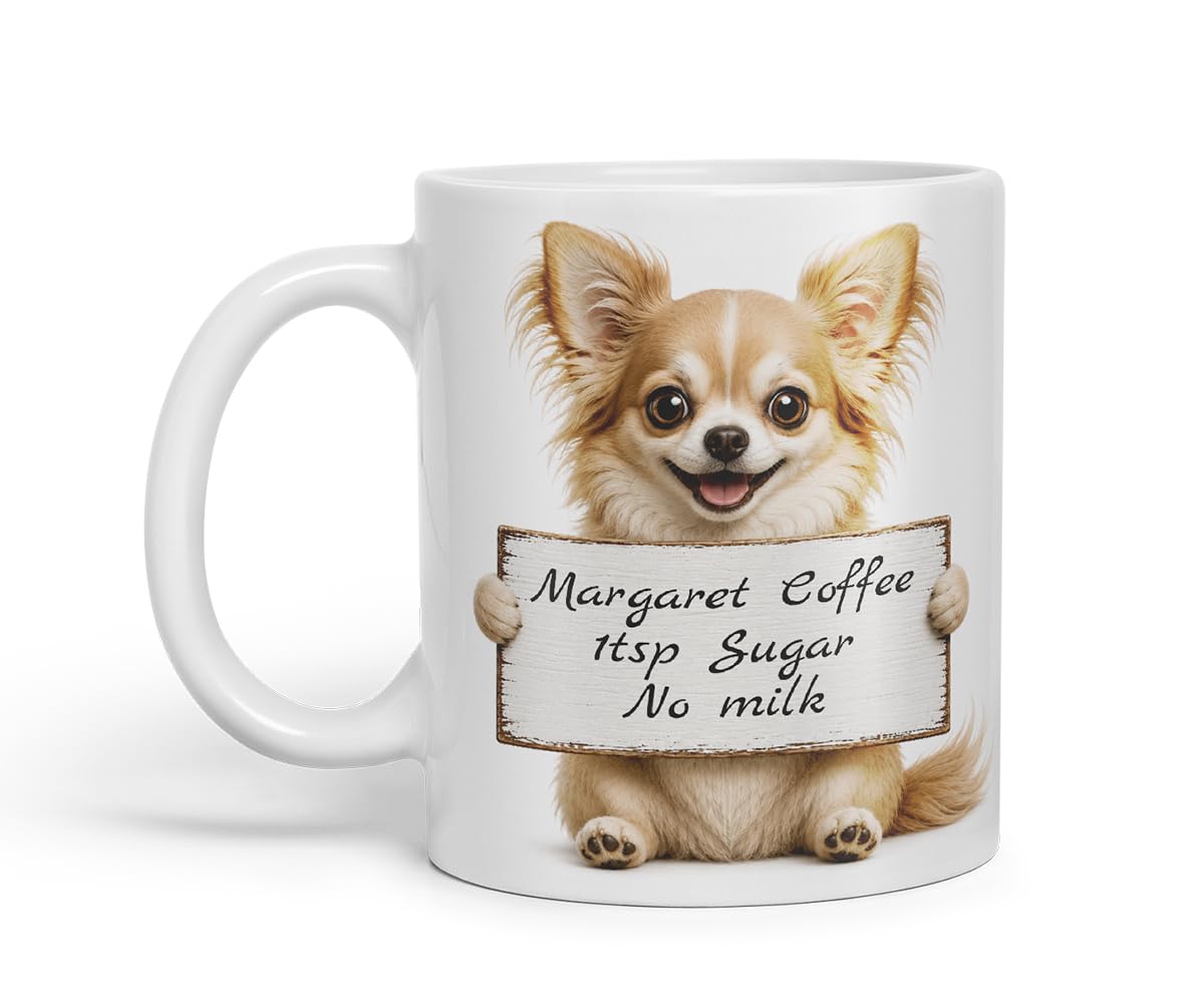 Vixar Personalised Long Hair Chihuahua Mug with Name or Custom Message – Cute Animal Coloured Ceramic Mug Cup Gift, 11oz (Black)