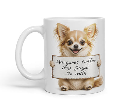 Vixar Personalised Long Hair Chihuahua Mug with Name or Custom Message – Cute Animal Coloured Ceramic Mug Cup Gift, 11oz (Black)