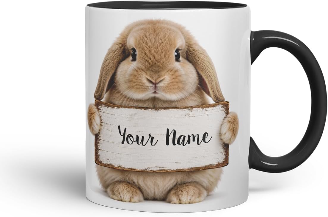 Vixar Personalised Lop Rabbit Mug with Name or Custom Message – Cute Animal Coloured Ceramic Mug Cup Gift, 11oz (Black)