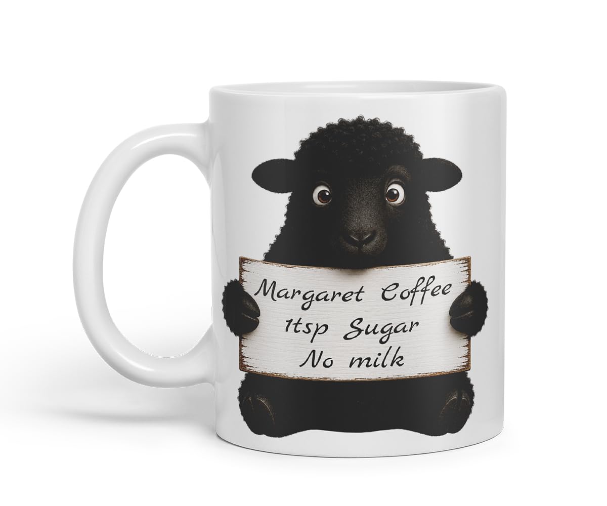 Vixar Personalised Black Sheep Mug with Name or Custom Message – Cute Animal Coloured Ceramic Mug Cup Gift, 11oz (Black)
