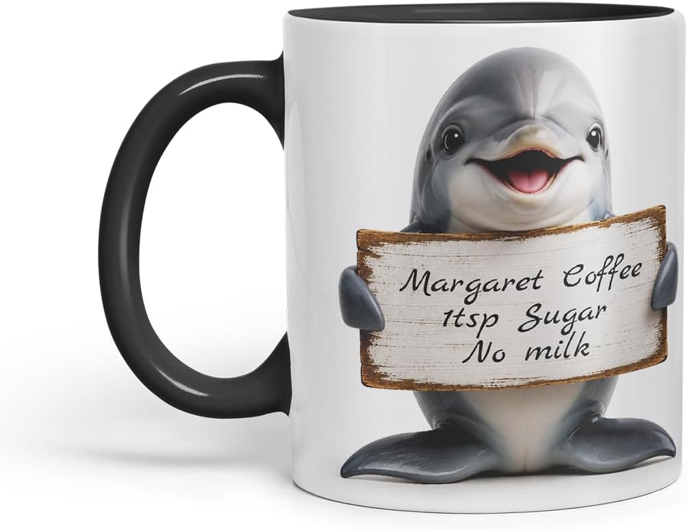 Vixar Personalised Dolphin Mug with Name or Custom Message – Cute Animal Coloured Ceramic Mug Cup Gift, 11oz (Black)