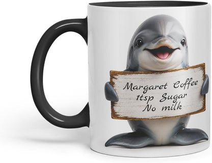 Vixar Personalised Dolphin Mug with Name or Custom Message – Cute Animal Coloured Ceramic Mug Cup Gift, 11oz (Black)