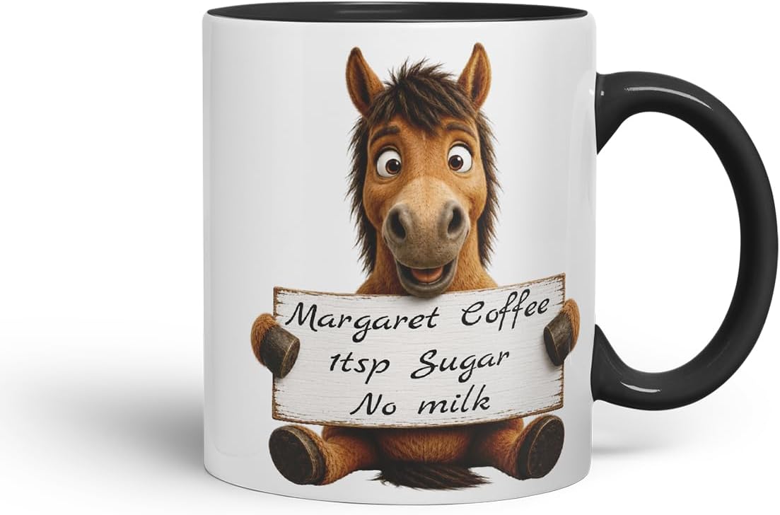 Vixar Personalised Horse Mug with Name or Custom Message – Cute Animal Coloured Ceramic Mug Cup Gift, 11oz (Black)