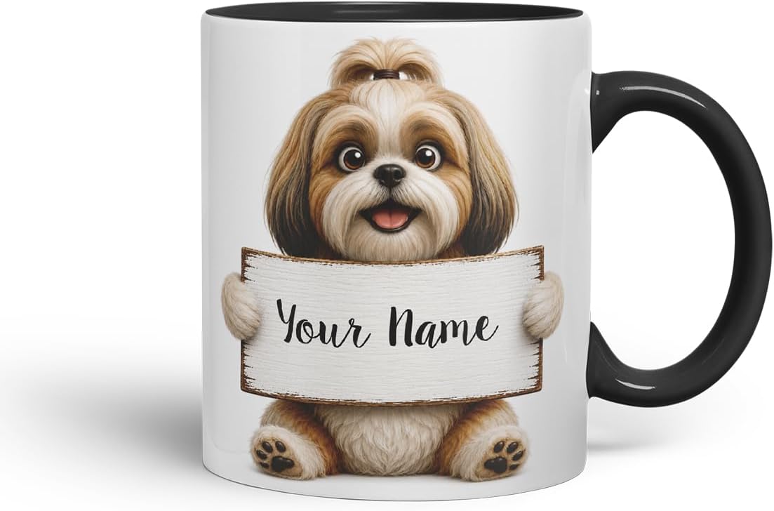 Vixar Personalised Shih Tzu Mug with Name or Custom Message – Cute Animal Coloured Ceramic Mug Cup Gift, 11oz (Black)