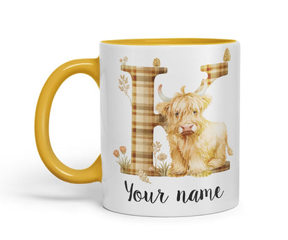 Vixar Personalised Highland Cow Initial Letter K Custom Name Mug – Coloured Ceramic Mug Cup Gift, 11oz (Black)