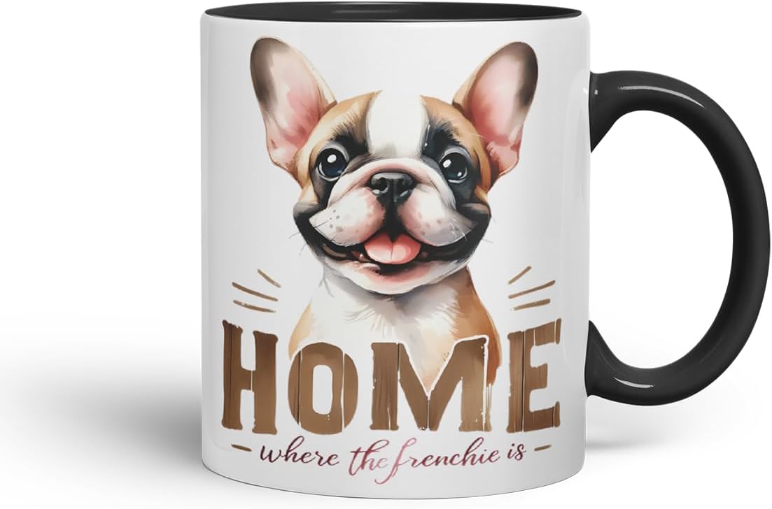 Vixar Home is Where The Frenchie is French Bulldog Mug – Coloured Ceramic Mug Cup Gift, 11oz (Black)