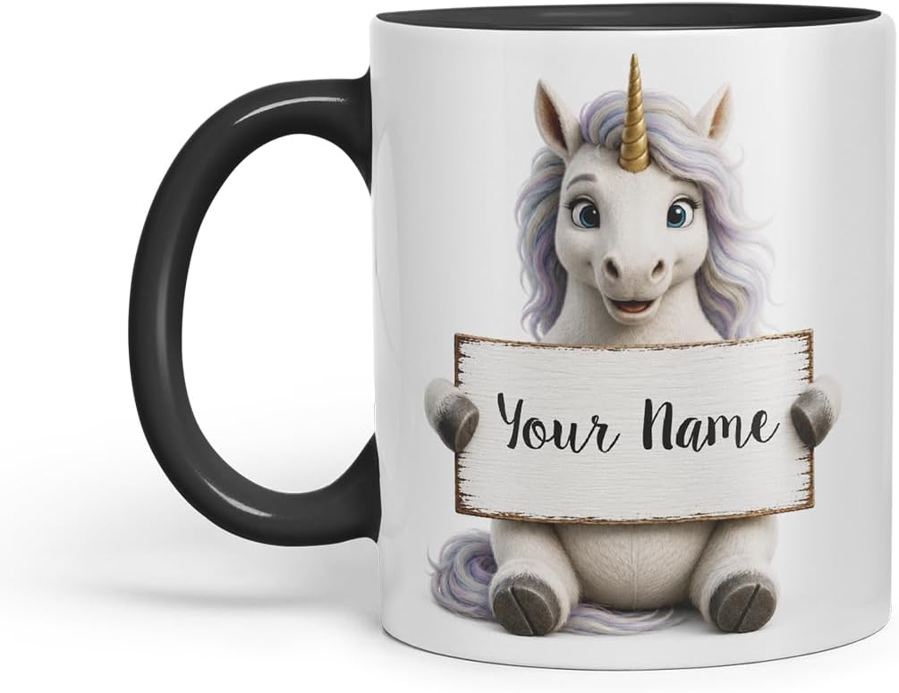 Vixar Personalised Rainbow Unicorn Mug with Name or Custom Message – Cute Animal Coloured Ceramic Mug Cup Gift, 11oz (Black)