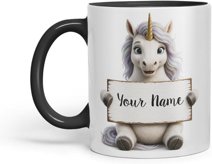 Vixar Personalised Rainbow Unicorn Mug with Name or Custom Message – Cute Animal Coloured Ceramic Mug Cup Gift, 11oz (Black)