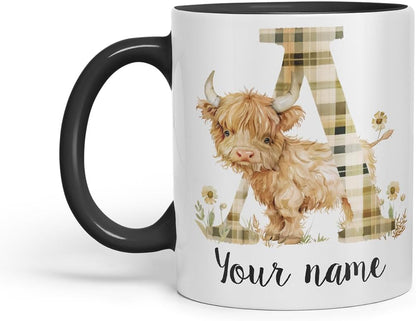 Vixar Personalised Highland Cow Initial Letter A Custom Name Mug – Coloured Ceramic Mug Cup Gift, 11oz (Black)