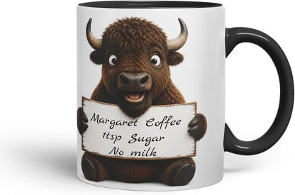 Vixar Personalised Bison Mug with Name or Custom Message – Cute Animal Coloured Ceramic Mug Cup Gift, 11oz (Black)