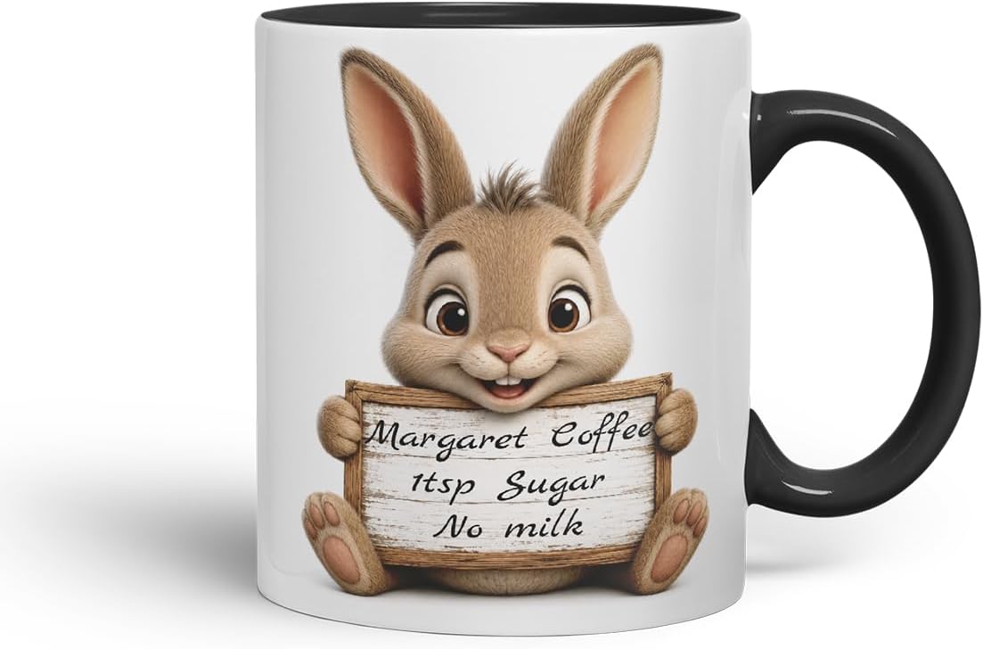 Vixar Personalised Hare Mug with Name or Custom Message – Cute Animal Coloured Ceramic Mug Cup Gift, 11oz (Black)