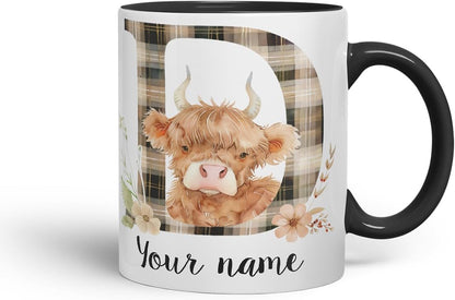 Vixar Personalised Highland Cow Initial Letter D Custom Name Mug – Coloured Ceramic Mug Cup Gift, 11oz (Black)