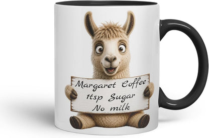 Vixar Personalised Llama Mug with Name or Custom Message – Cute Animal Coloured Ceramic Mug Cup Gift, 11oz (Black)