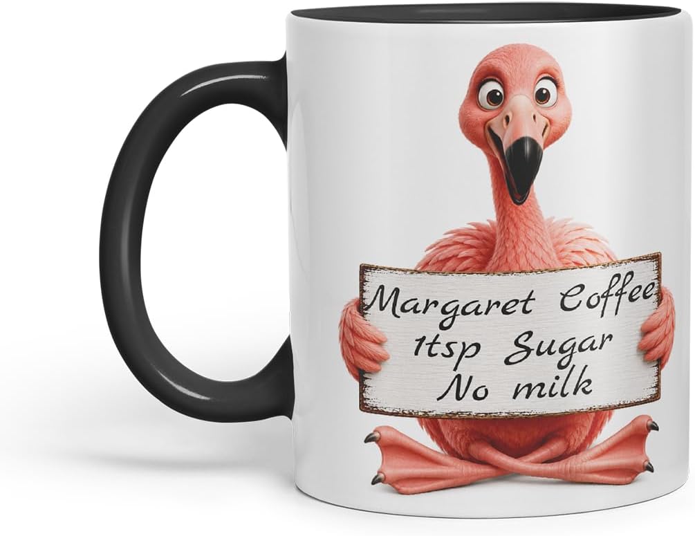 Vixar Personalised Flamingo Mug with Name or Custom Message – Cute Animal Coloured Ceramic Mug Cup Gift, 11oz (Black)