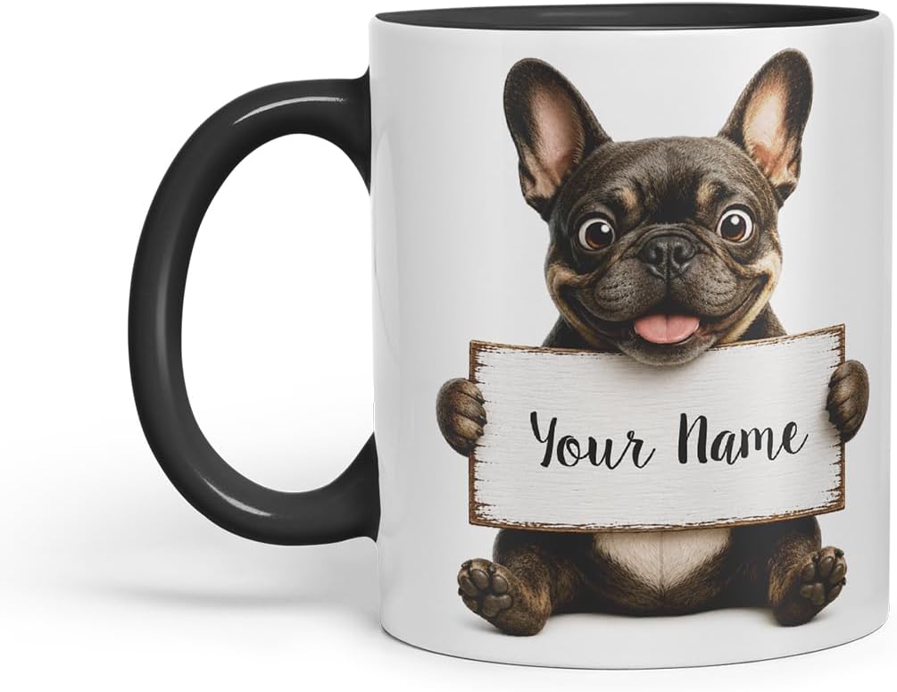 Vixar Personalised French Bulldog Dog Pet Mug with Name or Custom Message – Cute Animal Coloured Ceramic Mug Cup Gift, 11oz (Black)
