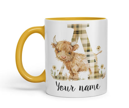 Vixar Personalised Highland Cow Initial Letter A Custom Name Mug – Coloured Ceramic Mug Cup Gift, 11oz (Black)