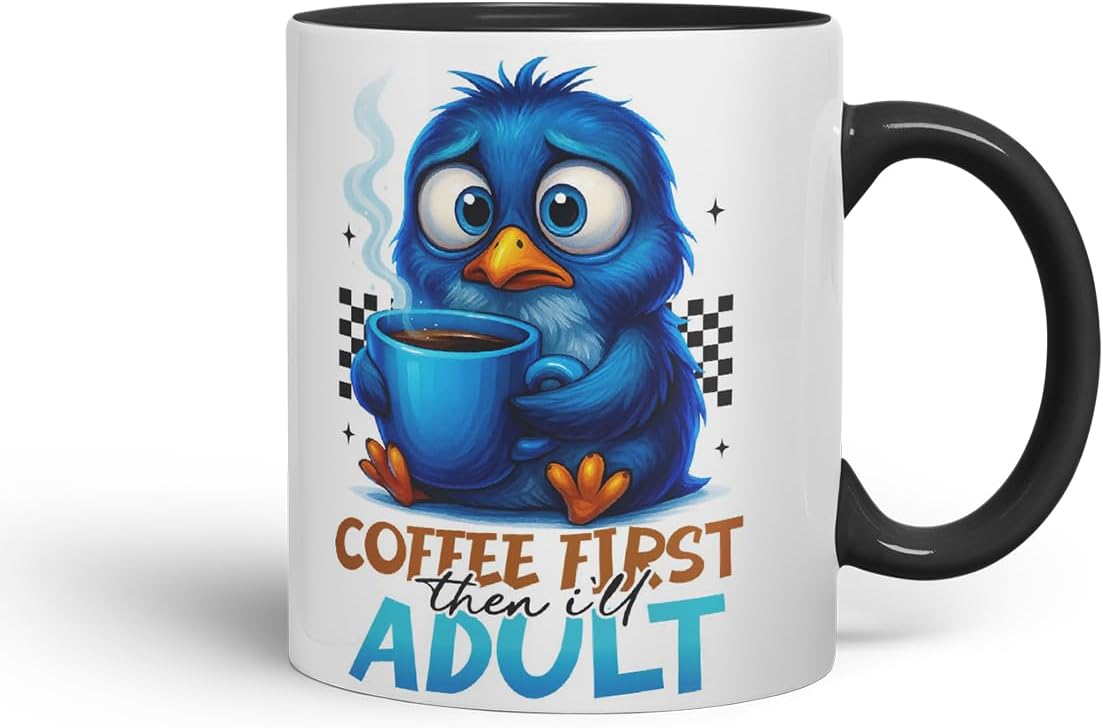 Vixar Coffee First Then I'll Adult Funny Blue Bird Mug – Coloured Ceramic Mug Cup Gift, 11oz (Black)