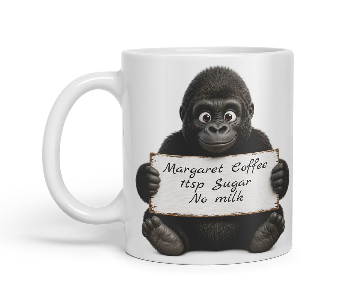 Vixar Personalised Gorilla Mug with Name or Custom Message – Cute Animal Coloured Ceramic Mug Cup Gift, 11oz (Black)