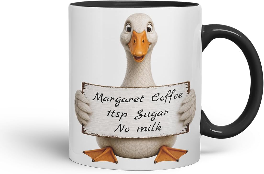 Vixar Personalised Goose Mug with Name or Custom Message – Cute Animal Coloured Ceramic Mug Cup Gift, 11oz (Black)