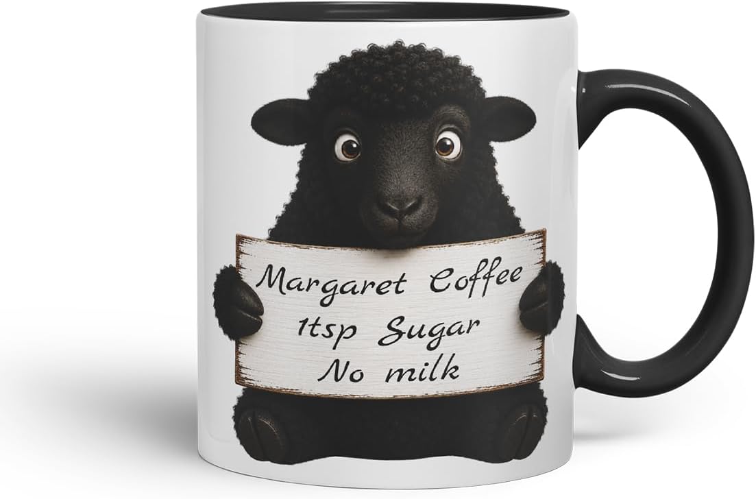 Vixar Personalised Black Sheep Mug with Name or Custom Message – Cute Animal Coloured Ceramic Mug Cup Gift, 11oz (Black)