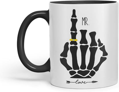 Vixar Mr and Mrs Skeleton Hand Wedding Ring Couple Mugs – Coloured Ceramic Mugs Cups Gift, 11oz, Set of 2