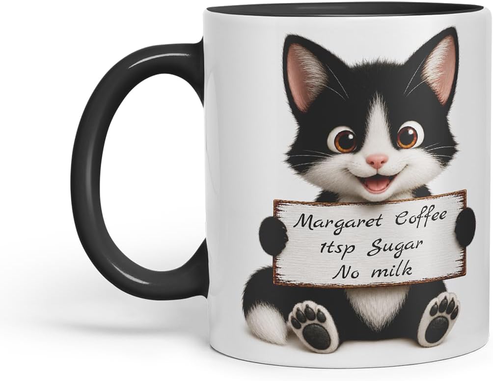 Vixar Personalised Black and White Cat Mug with Name or Custom Message – Cute Animal Coloured Ceramic Mug Cup Gift, 11oz (Black)