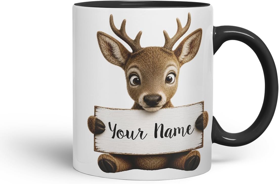 Vixar Personalised Deer Mug with Name or Custom Message – Cute Animal Coloured Ceramic Mug Cup Gift, 11oz (Black)