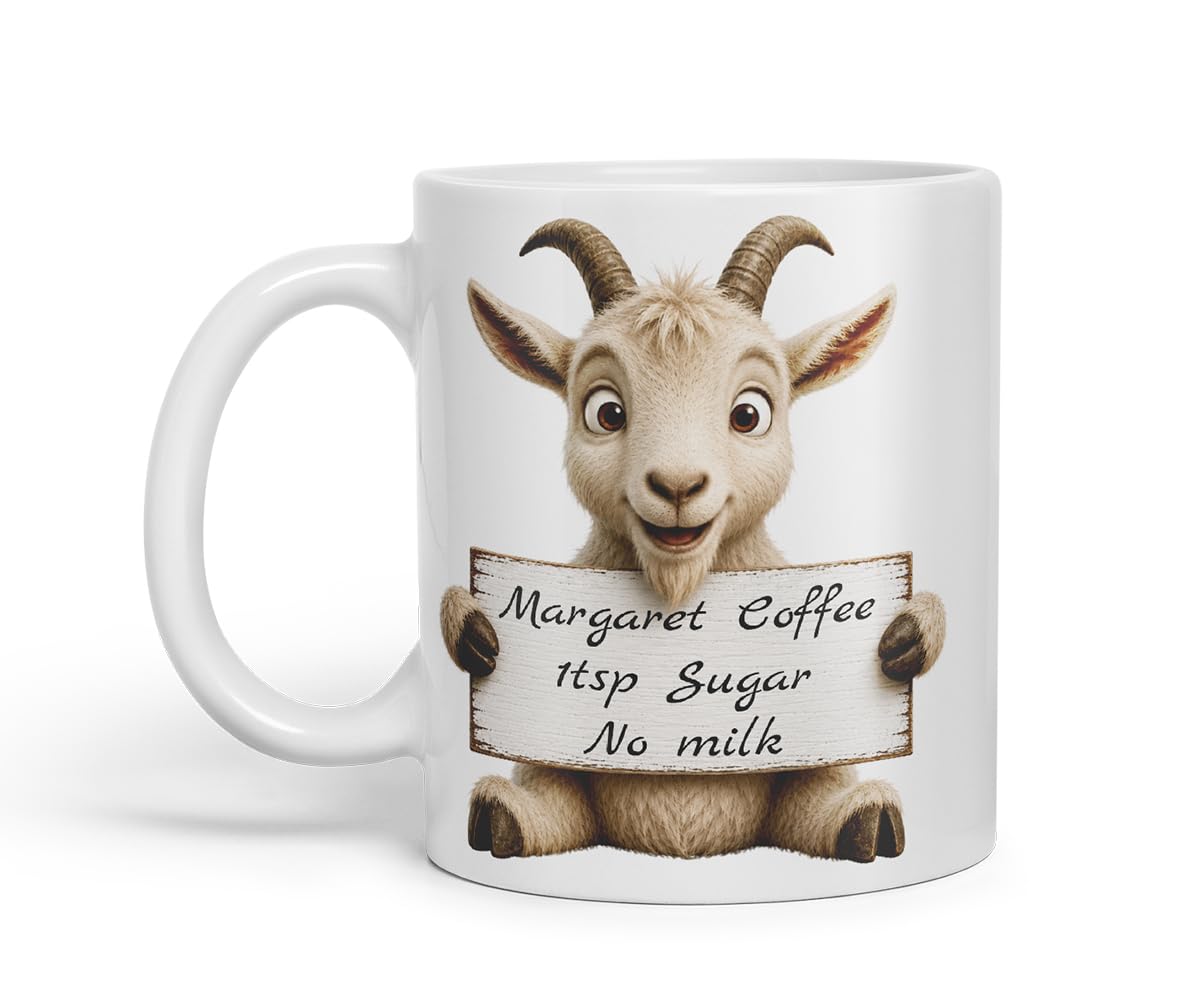 Vixar Personalised Goat Mug with Name or Custom Message – Cute Animal Coloured Ceramic Mug Cup Gift, 11oz (Black)