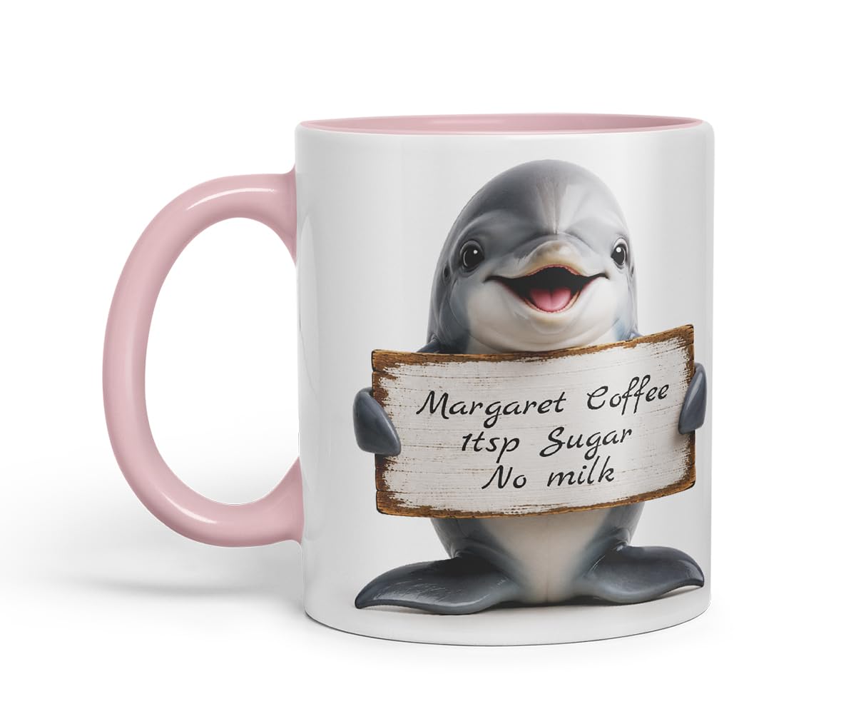 Vixar Personalised Dolphin Mug with Name or Custom Message – Cute Animal Coloured Ceramic Mug Cup Gift, 11oz (Black)