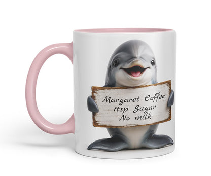 Vixar Personalised Dolphin Mug with Name or Custom Message – Cute Animal Coloured Ceramic Mug Cup Gift, 11oz (Black)