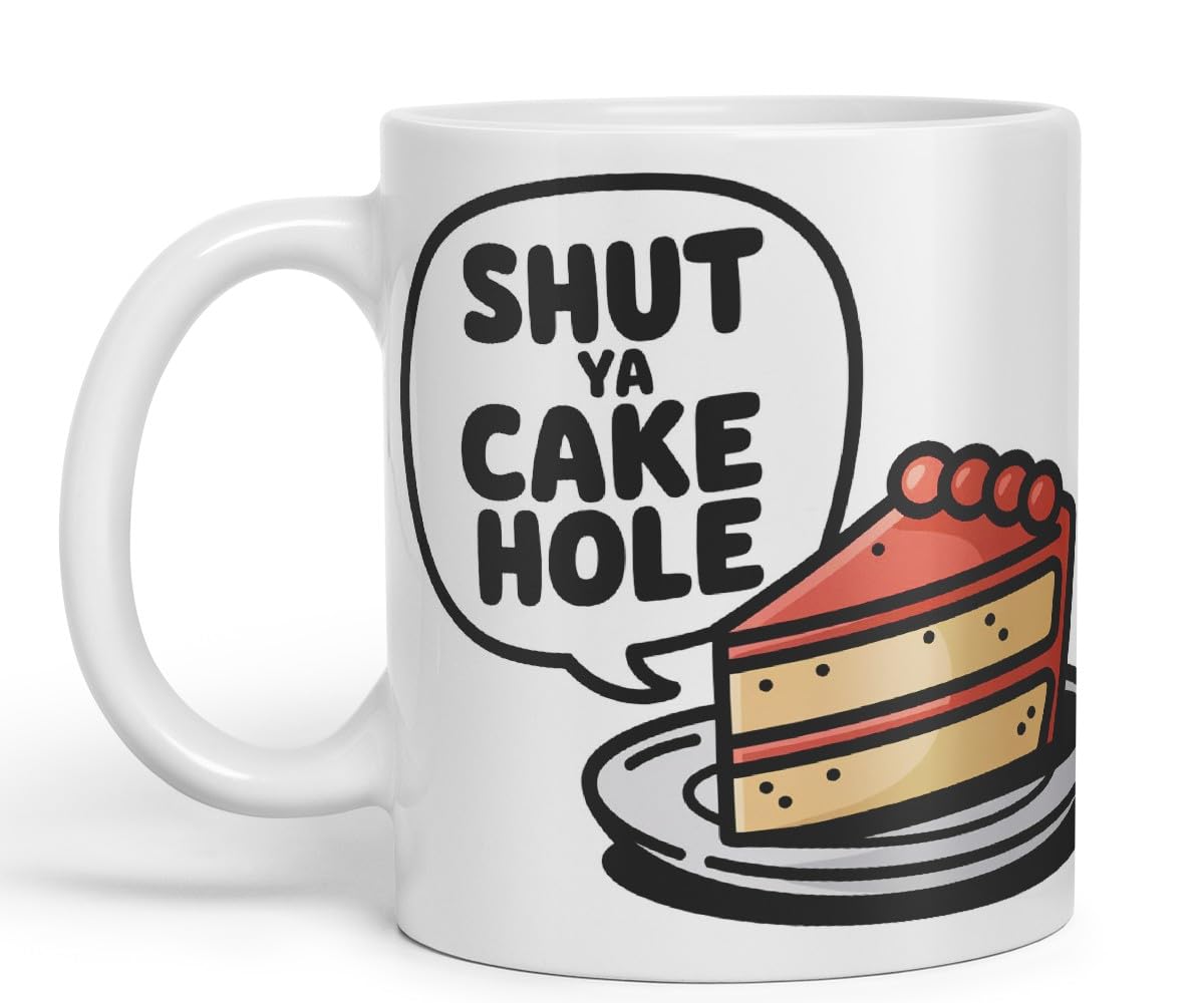Vixar Shut Ya Cake Hole Funny Cake Mug – Coloured Ceramic Mug Cup Gift, 11oz (Black)