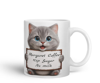 Vixar Personalised Grey Cat Mug with Name or Custom Message – Cute Animal Coloured Ceramic Mug Cup Gift, 11oz (Black)