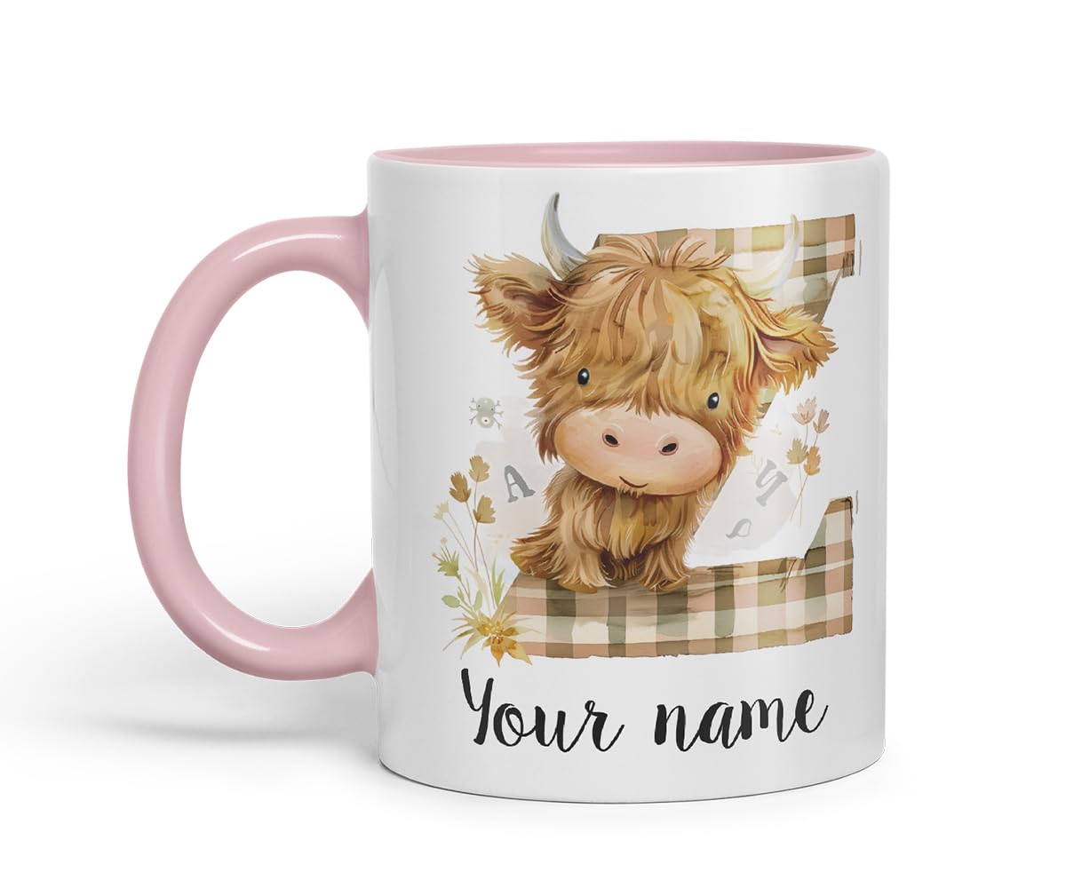 Vixar Personalised Highland Cow Initial Letter Z Custom Name Mug – Coloured Ceramic Mug Cup Gift, 11oz (Black)