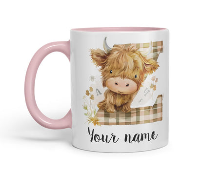Vixar Personalised Highland Cow Initial Letter Z Custom Name Mug – Coloured Ceramic Mug Cup Gift, 11oz (Black)