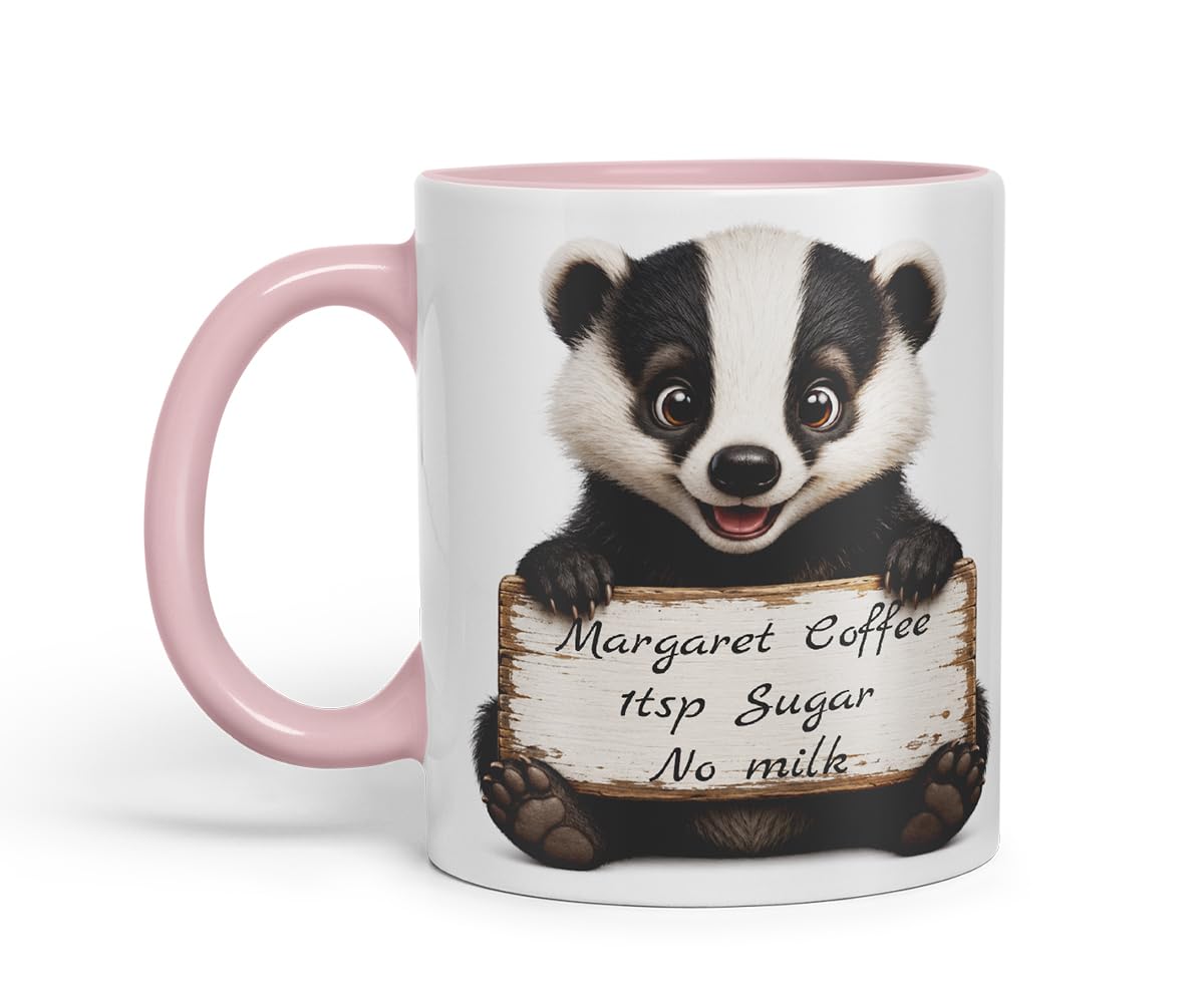 Vixar Personalised Badger Mug with Name or Custom Message – Cute Animal Coloured Ceramic Mug Cup Gift, 11oz (Black)