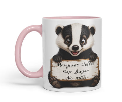 Vixar Personalised Badger Mug with Name or Custom Message – Cute Animal Coloured Ceramic Mug Cup Gift, 11oz (Black)