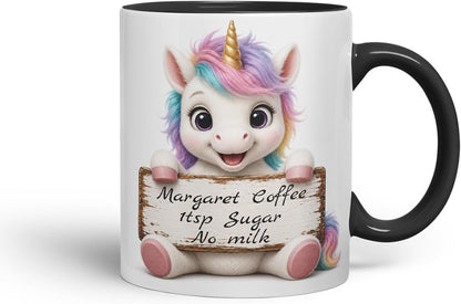 Vixar Personalised Pastel Unicorn Mug with Name or Custom Message – Cute Animal Coloured Ceramic Mug Cup Gift, 11oz (Black)