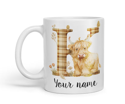 Vixar Personalised Highland Cow Initial Letter K Custom Name Mug – Coloured Ceramic Mug Cup Gift, 11oz (Black)