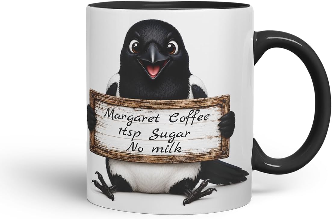 Vixar Personalised Magpie Mug with Name or Custom Message – Cute Animal Coloured Ceramic Mug Cup Gift, 11oz (Black)