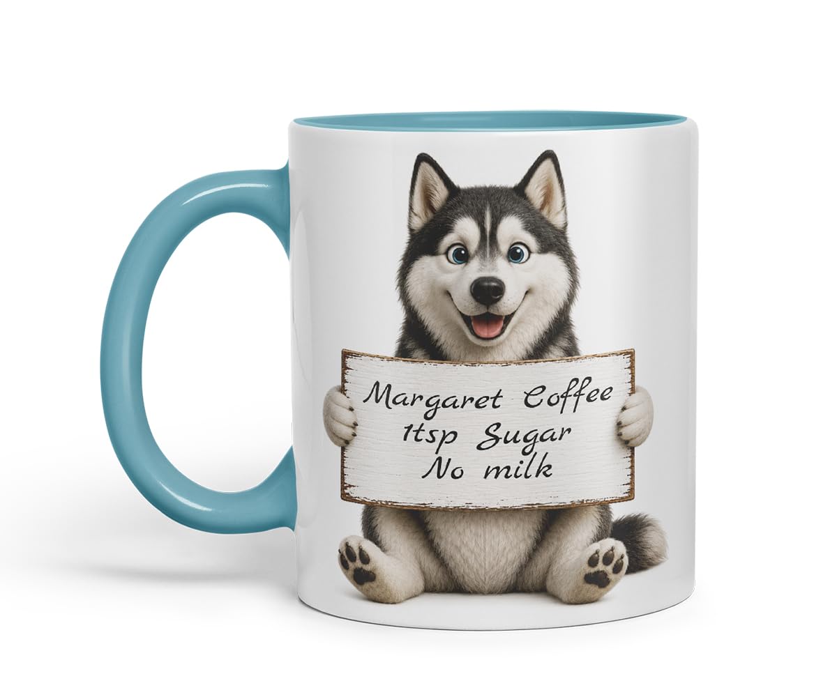 Vixar Personalised Husky Mug with Name or Custom Message – Cute Animal Coloured Ceramic Mug Cup Gift, 11oz (Black)