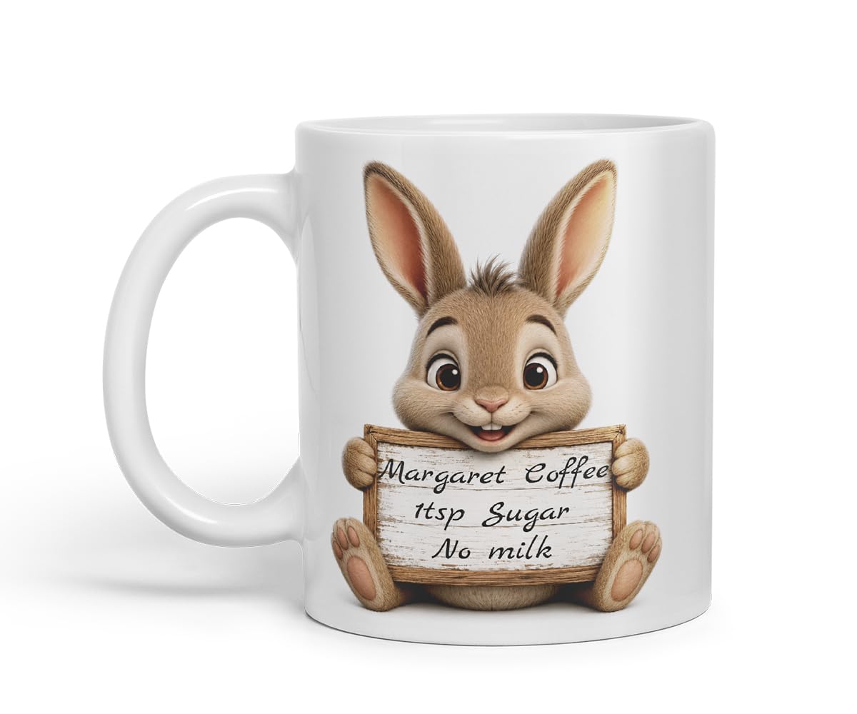 Vixar Personalised Hare Mug with Name or Custom Message – Cute Animal Coloured Ceramic Mug Cup Gift, 11oz (Black)