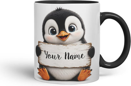 Vixar Personalised Penguin Mug with Name or Custom Message – Cute Animal Coloured Ceramic Mug Cup Gift, 11oz (Black)