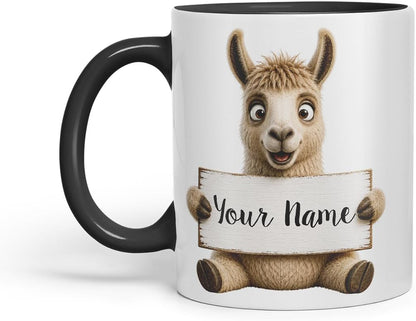 Vixar Personalised Llama Mug with Name or Custom Message – Cute Animal Coloured Ceramic Mug Cup Gift, 11oz (Black)