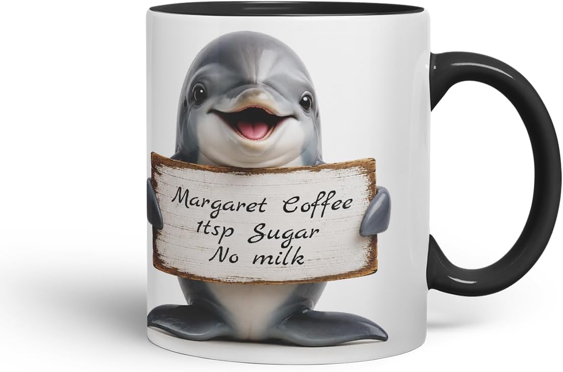 Vixar Personalised Dolphin Mug with Name or Custom Message – Cute Animal Coloured Ceramic Mug Cup Gift, 11oz (Black)