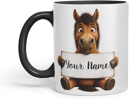 Vixar Personalised Horse Mug with Name or Custom Message – Cute Animal Coloured Ceramic Mug Cup Gift, 11oz (Black)