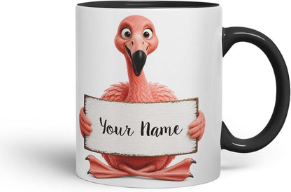 Vixar Personalised Flamingo Mug with Name or Custom Message – Cute Animal Coloured Ceramic Mug Cup Gift, 11oz (Black)