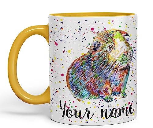 Vixar Personalised with Your Text Guinea Pig Short Haired Pet Watercolour Art Coloured Ceramic Mug Cup Gift 330ml 11oz Custom Work Office Tea Coffee