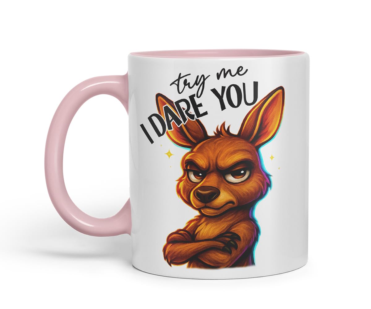 Vixar Try Me I Dare You Sarcastic Kangaroo – Coloured Ceramic Mug Cup Gift, 11oz (Black)