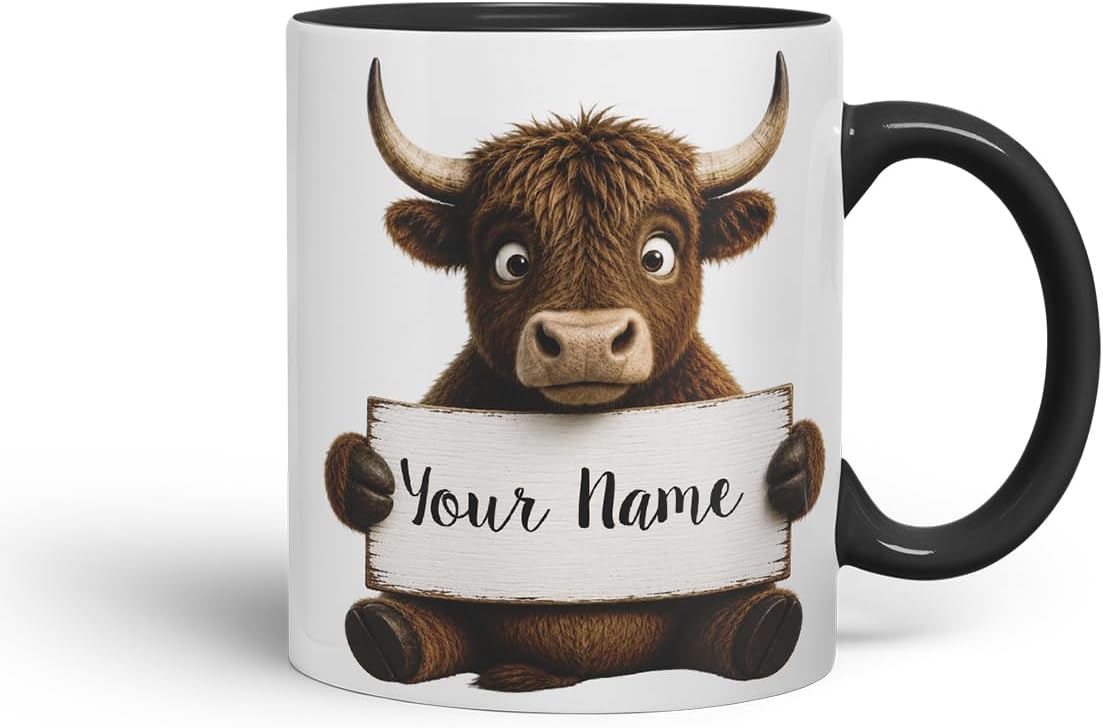 Vixar Personalised Bull Mug with Name or Custom Message – Cute Animal Coloured Ceramic Mug Cup Gift, 11oz (Black)